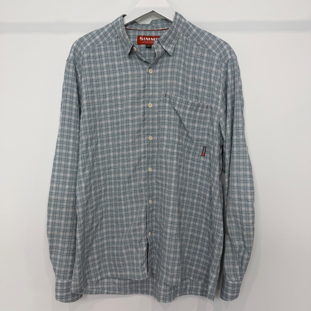 Simms Fishing Products Mens Large Blue Plaid Long Sleeve Button Down Shirt